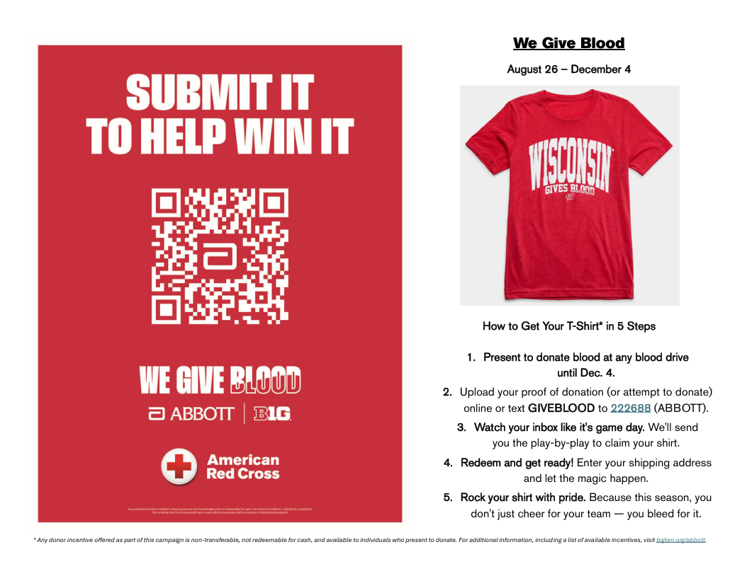 Poster says “We Give Blood” (Aug 26–Dec 4) with QR code, T-shirt offer, and five steps to donate and claim shipping.